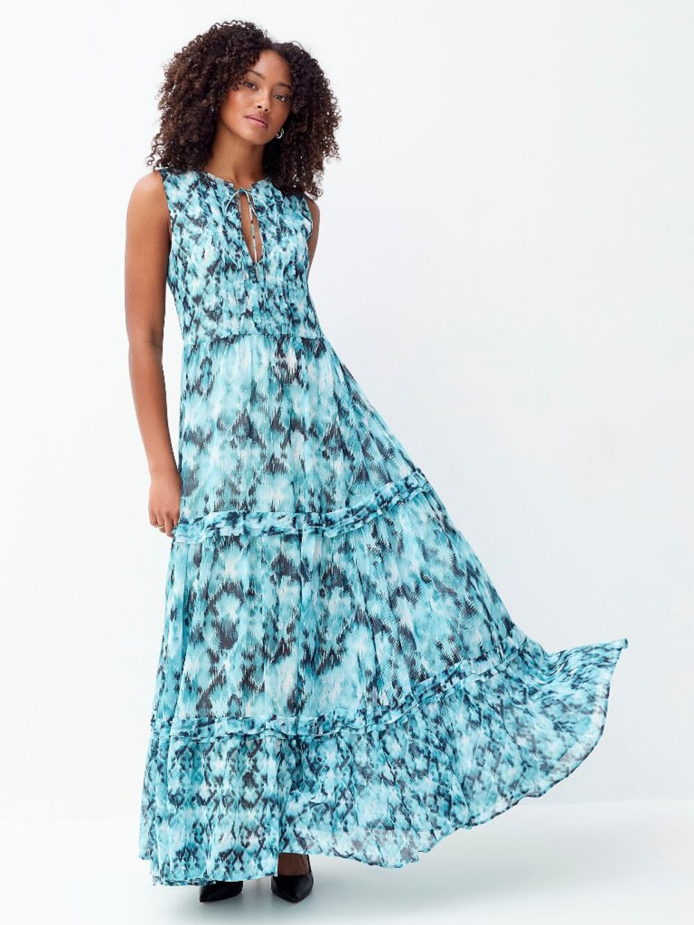 BOSS Maxi Dress Abstract Blue Tiered Chiffon Sleeveless V neck Flowy Beach party